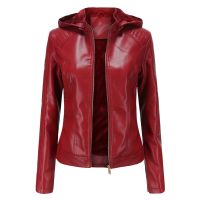 Winter New Black Fleece Hooded Leather Jacket Womens Fashionable Trim Motorcycle Women Coat Zipper Switch Tops Red Khaki Grey