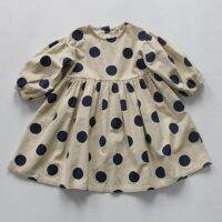 【Ladies shop】1 7Yrs KidsDresses ลินินผ้าฝ้ายแขนยาว Dot PrintAutumn ฤดูใบไม้ผลิสไตล์เกาหลี