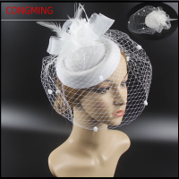 CONGMING อุปกรณ์ตกแต่งผม ผู้หญิง ดอกไม้ ผ้าคลุมหน้า Sinamay ขนนก หมวก fedoras หมวก fascinators ที่คาดผม กิ๊บติดผม