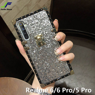 JieFieสำหรับRealme 6 / Realme 6 Pro / Realme 5 Proเคสโทรศัพท์สแควร์Glitter Blingแฟชั่นยี่ห้อกรอบตอกหมุดปลอก
