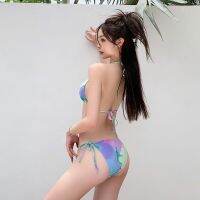 Web celebrity style fission four-piece suit women long sleeve cultivate ones morality show thin chest gathered fresh tie-dye lace-up bikini