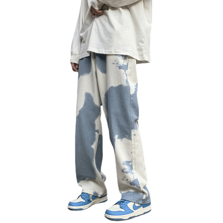 แฟชั่นผู้ชาย-tie-dye-กางเกงยีนส์วัวพิมพ์กางเกงตรงหลวมสบายๆบุคลิกภาพชาย-designer-denim-กางเกง-streetwear