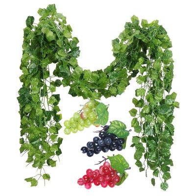 12 Strands Artificial Fake Grape Vines Ivy Leaves with 3 Strings Grapes for Wedding Party Home Wall Decoration