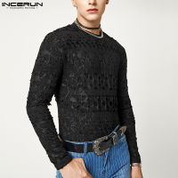 [Perfectly] INCERUN Mens Long Sleeve Floral T Shirt Muscle Fit Crew Neck Hippy Clubwear Tops (สไตล์ตะวันตก)