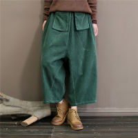 Johnature Corduroy Wide Leg Pants Women Trouser Pockets 2021 Spring New Elastic Waist Solid Color Soft Vintage Casual Pants