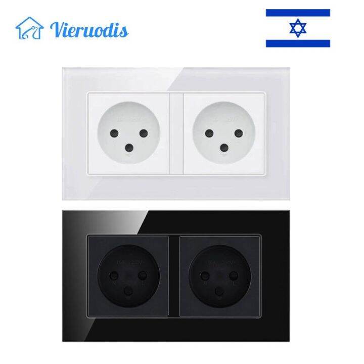 il-israel-wall-2-gang-double-outlet-electricity-power-socket-switch-crystal-glass-panel-16a-250v-plug-3pins-for-israel-home