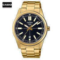 Velashop นาฬิกาข้อมือผู้ชายคาสิโอ Casio STANDARD Analog-Men สายแสตนเลสสีทอง หน้าปัดดำ รุ่น MTP-VD02G-1EUDF, MTP-VD02G-1E, MTP-VD02G, MTP-VD02