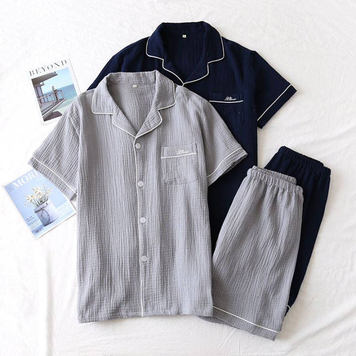 2021nhkdsasa-shorts-sets-pajamas-suit-women-summer-couple-cotton-crepe-ladies-solid-simple-short-sleeved-shirt-mens-home-service