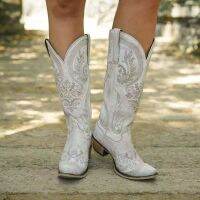 โรมันคาวบอยรองเท้าสำหรับผู้หญิงสีขาวปักตะวันตก Cowgirl Botas หนัง R Hinestones กลางลูกวัวสูง B Ooties ลำลองสุภาพสตรีรองเท้า