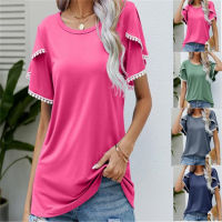 Superior Home Shop T shirt for Women Summer New Round Neck Tassel Sleeve T-shirt Casual Top for Women