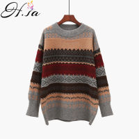H.SA  Winter Women Sweater Pullover Knit Jumpers Loose Striped Pull Jumpers Korean Style Knitwear Casual Top Argyle Sweater