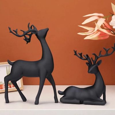 Reindeer Figurines Set of 2 Resin Deer Statues Elk Sculpture Deer Ornaments for Living Room TV/Wine Cabinet Home Decor