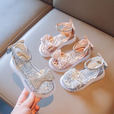 Girls Sandals Fashion Sequins Cute Bow Summer Princess Shoes Soft Falt Children Beach Kids Footwear 23-36