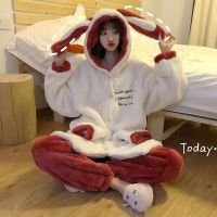 Winter Pajamas Sets 2 Piece Women Kawaii Hooded Sleep Robes Warm Flannel Long Sleeves Pockets Casual Bathrobe Lounge Wear Set