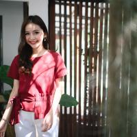 prettythingonme Summer Vibes Top - (พร้อมส่ง)  เสื้อสี Burgundy เสื้อแขนสั้นแต่งยางยืดผูกโบว์ข้าง ผ้าญี่ปุ่น เสื้อดีเทลน่ารัก