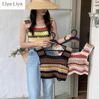 LIYA Bralette เสื้อลำลองลายทางคอวีสี่เหลี่ยมลายทาง Y2k ชุดชั้นในสตรีบิกินี่ชายหาดเสื้อสายเดี่ยวถักเสื้อถักโครเชต์ Tali Bahu