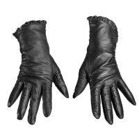 Women Genuine Sheepskin Leather Gloves Autumn Winter Warm Full Finger Black Ruffle Mittens High Quality S2146