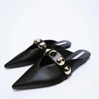 【READY STOCK】[Ready Stock] 2022ZARA Black riveted pointed fashion flat Muller shoes