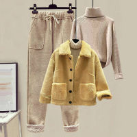 Spot parcel post Winter Lamb Wool Fur Fleece Coat Sweater Casual Pants Three-Piece Fashion Occupation Pants Suit Female Fashion