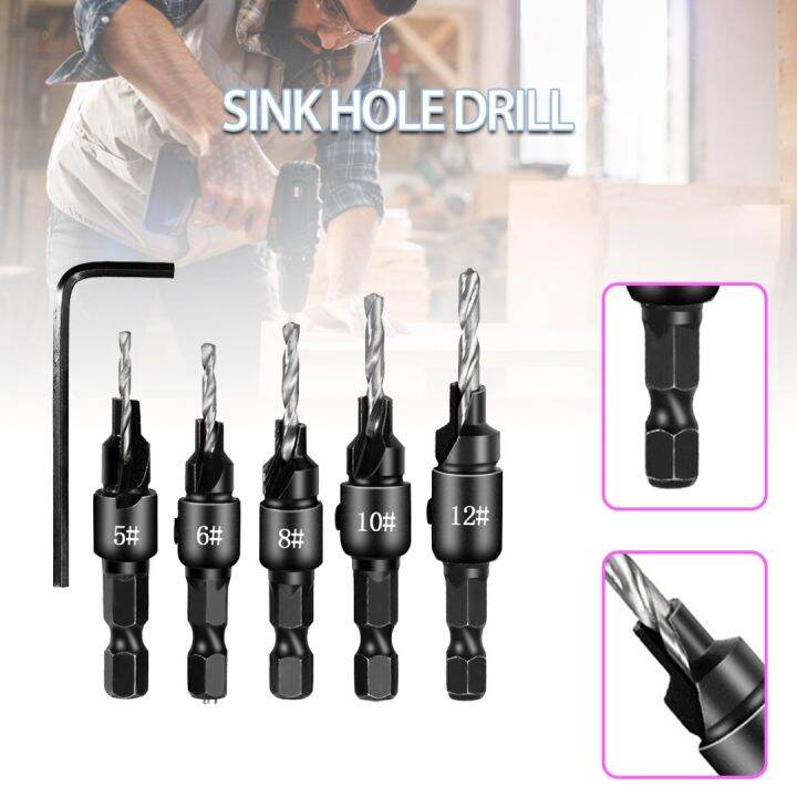 SRONTT 6PCS Adjustable Woodworking Countersink Drill Bit Set Pilot