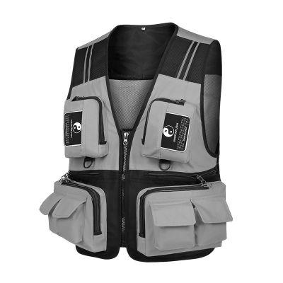 Fonoun Fishing Vest Detachable Multiple Pockets Breathable Grid Mesh Comfortable Wear-Resisting with Reflective Stripe FF63