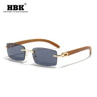 HBK Vintage Rimless Rectangle Wood Grain Sunglasses Men Square Classic Punk 2022 Frames Blue Eyeglasses For Women Hip Pop Shades