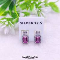 AE006 ต่างหูพลอยพิงค์โทพาซ ( Pink topaz ) แบบก้านเสียบ ตัวเรือนเงินแท้ 925 ชุบทองคำขาว