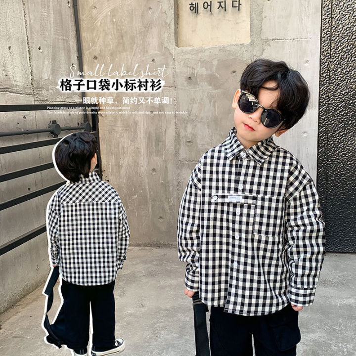 lovily-เสื้อเด็กผู้ชาย2023เสื้อลายสก๊อตเด็ก-เสื้อแขนยาวมีกระเป๋าสำหรับเด็กผู้ชายญี่ปุ่นเสื้อลำลองฤดูใบไม้ผลิ