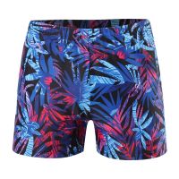 Plus Size Mens Surfing Swimming Shorts Leaf Printed Drawstring Waist Swim Shorts Summer Male Stretchy Swimwear Summer Beachwear Swimwear