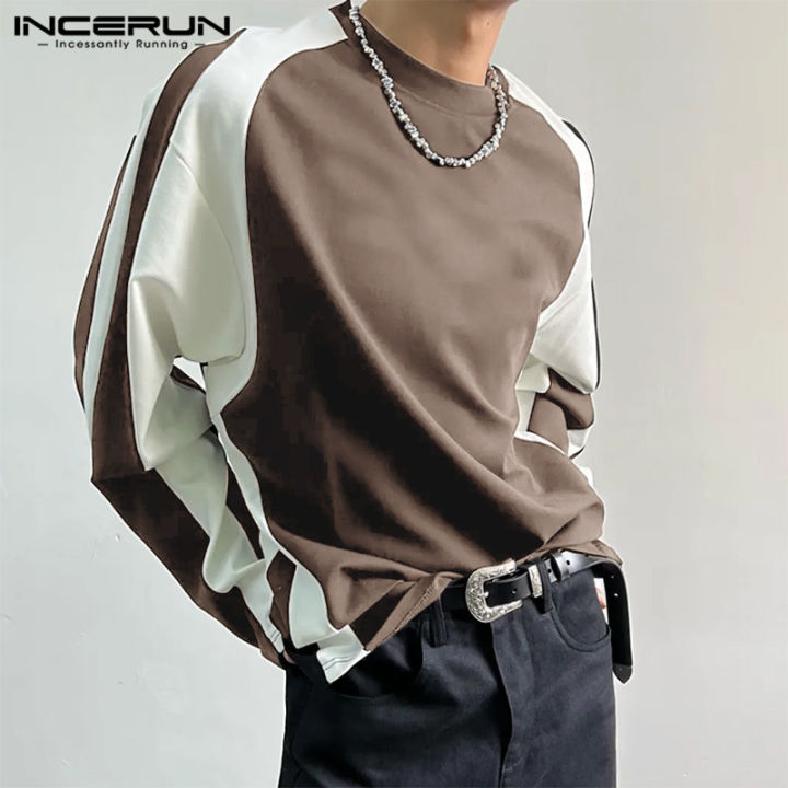 เสื้อเสื้อยืดวันหยุดเสื้อยืดคอกลมลำลองแบบเย็บปะแขนยาวสำหรับผู้ชาย-incerun-สไตล์เกาหลี
