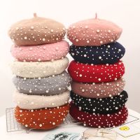 [Hana Clothing Store] ใหม่แฟชั่นฤดูหนาว Warm French Pearl Rhinestone Beret หมวก Beanie หมวกสีทึบสบายๆหมวกฤดูใบไม้ร่วงสำหรับผู้หญิง Girl