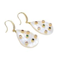 GG Jewelry Teardrop White Shell Mop Trimmed With Multi Color Cz Dangle Hook Earrings