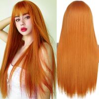 【LZ】▥▫✻  AZQUEEN Synthetic Orange Long Straight Wig With Bangs Cosplay Synthetic Hair Wigs For Woman Heat Resistant Fiber Hair Wigs