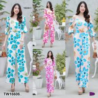 J16606 Jumpsuit คอกว้างแขนยาว ขากระบอก ลายดอกไม้ Long sleeve wide neck jumpsuit in floral print