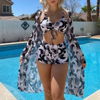 Sexy High Waist Bikinis 3 Piece Set 2023 Sexy Floral Print Long Sleeve Cover Up Swimsuit Push Up Beach Wear Women Bathing Suit