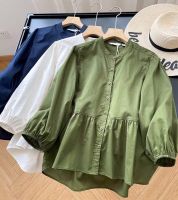 Fitting room Uniqlo2023 Spring and Autumn Cotton Lantern Sleeve Shirt Three-quarter Sleeve Ruffle Pleated Casual Top Ladies