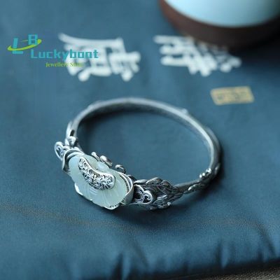 Designer original new and old handmade butterfly silver inlaid Ruyi Hetian jade open bracelet retro ladies jewelry