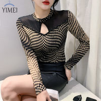 YIMEI เสื้อยืดลายตาข่ายแขนยาวลายจุด,ใหม่2023เสื้อยืดลายตาข่ายปักลูกปัดเสื้อซับในคอสูงครึ่งหนึ่งแฟชั่นของผู้หญิงฤดูใบไม้ร่วง