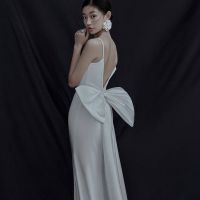 French light wedding dress long trailing bow open back simple satin travel luxury summer