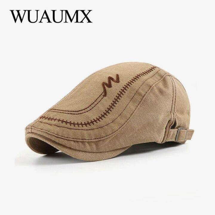 wuaumx-หมวกเบเร่ต์ลำลองใหม่สำหรับผู้ชายผู้หญิงผ้าฝ้ายฟอกสีหมวกเบเร่ต์หมวกทรงแบนเฮอร์โบน