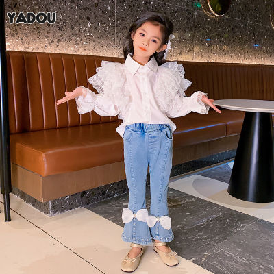 YADOU Childrens clothing girl suit western childrens lace shirt and jeans two-piece suit