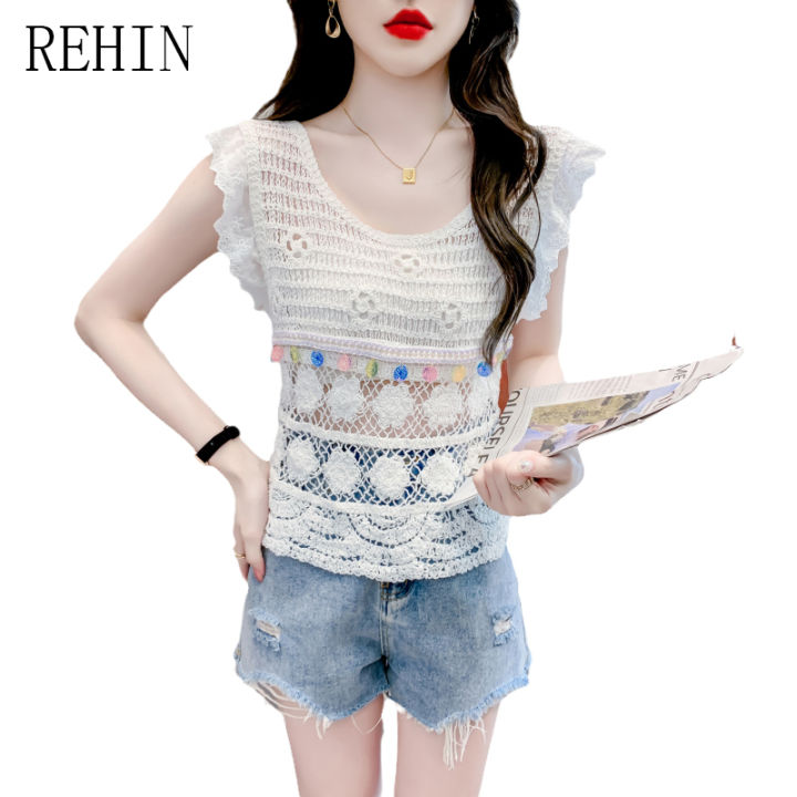 rehin-เสื้อคอกลมถักแขนกุดผู้หญิงการออกแบบที่ไม่เหมือนใครเสื้อบังทรงโครเชต์เสื้อฤดูร้อนสั้น