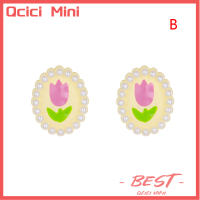 Qcici ต่างหูฝังต่างหูดอกไม้มุกหัวใจดอกทิวลิปหวาน1คู่สไตล์อินสตาเทอร์เครื่องประดับงานแต่งงานงานปาร์ตี้