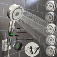 5 Modes Temperature DigitDisplay Shower Head Handheld One Key Water Stop High Pressure Water Saving Filter Bathroom Showerhead Showerheads