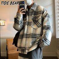 TIDE BEAR สื้อแจ็คเก็ตแขนยาวผู้ชายเสื้อเชอร์ปาสำหรับทั้งหญิงและชายยาวปานกลางบุเสื้อแจ็กเก็ตแบบมีปกแจ็คเก็ตลายสก๊อตอบอุ่น