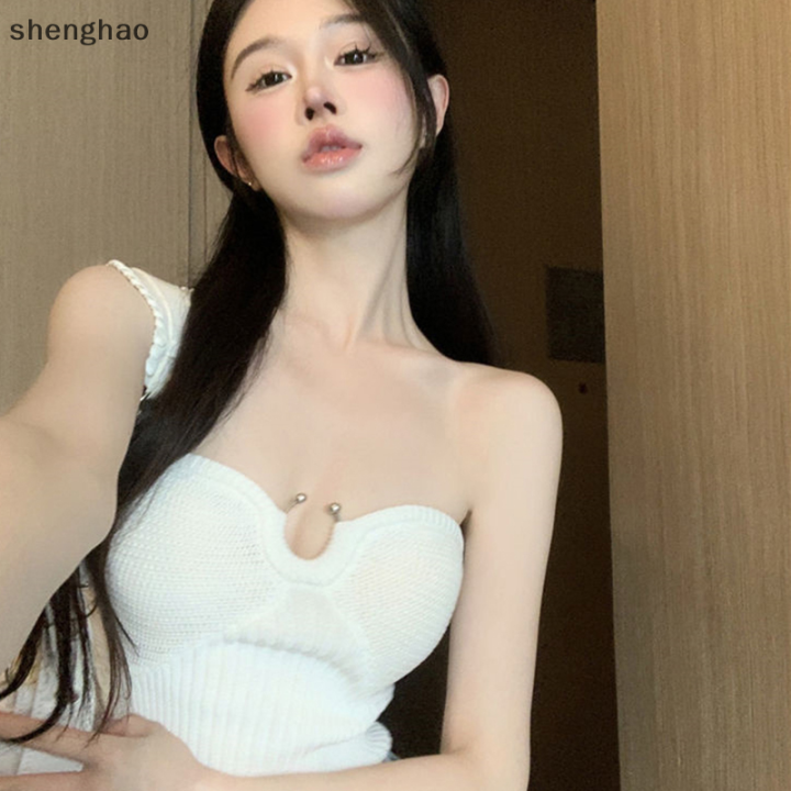 shenghao-เสื้อชั้นในสตรีเซ็กซี่เปิดหลังไร้สายเสื้อถักแขนกุดสีทึบเข้ารูปฤดูร้อน