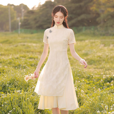 Cheongsam 2022 Ao Dai ปรับปรุงหญิงสาวอารมณ์ระดับไฮเอนด์ชาเสื้อผ้าสไตล์ศิลปินชาโบราณ