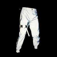 Hong Kong style hip-hop functional reflective overalls European and American mens casual pencil pants side zipper multi-pocket reflective trousers 〖WYUE〗