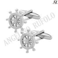 ANGELINO RUFOLO Cufflink(คัฟลิงค์) ดีไซน์ Ship Steering Wheel กระดุมข้อมือคัฟลิ้งโรเดียมคุณภาพเยี่ยม ตัวเรือนสีเงิน