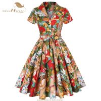 SISHION 50s 60s Retro Vintage Dress Short Sleeve Car and Beauty Pattern Floral Print Elegant Women Summer Dress SD0002